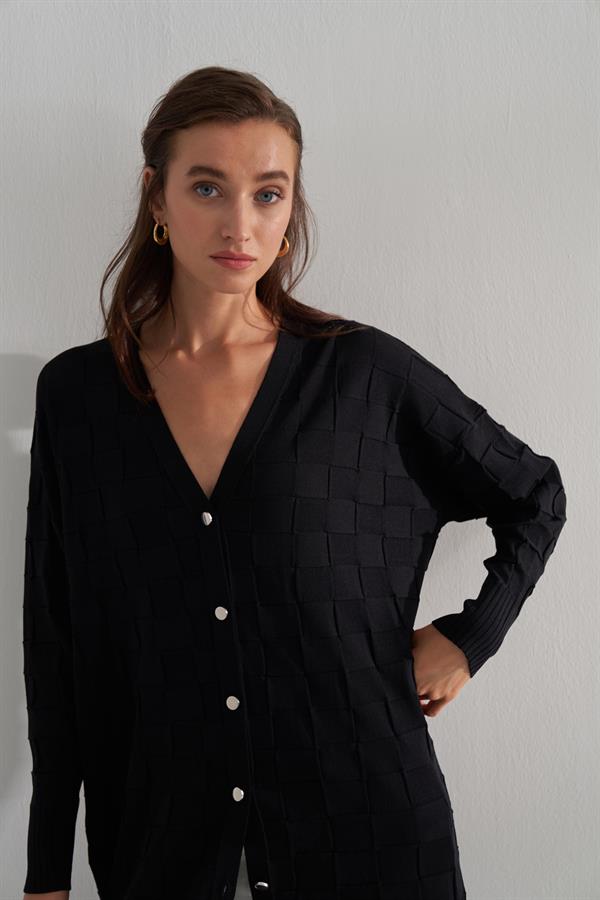 Damalı Rayon Merserize Hırka Siyah