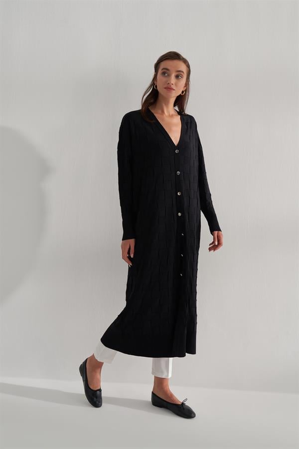 Damalı Rayon Merserize Hırka Siyah