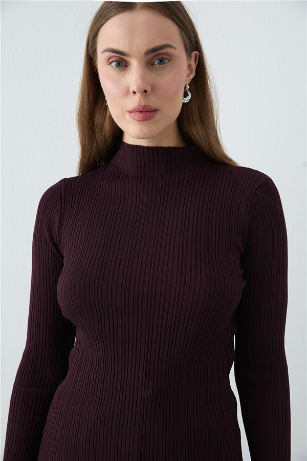 Erguvan Uzun Kollu Fitilli Triko Body Bordo