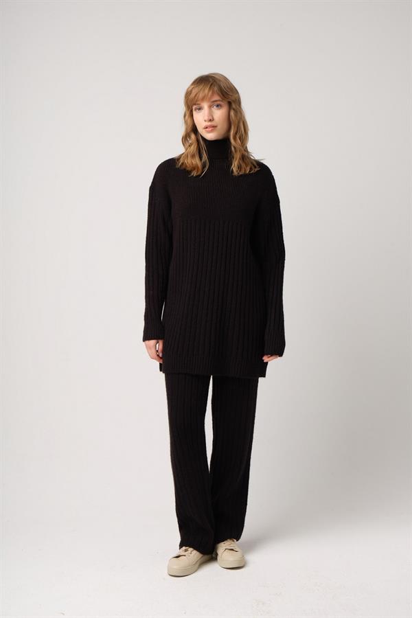 Fitilli Balıkçı Yaka Tunik Siyah