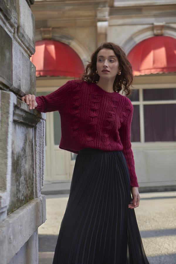 Geniş Saçlı Crop Kazak Br7028 Bordo
