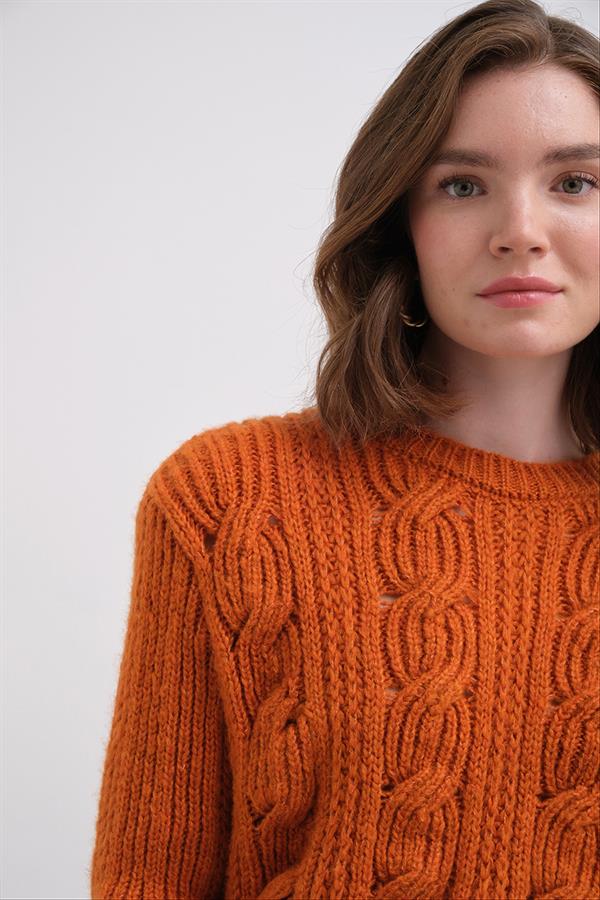 Geniş Saçlı Crop Kazak Br7028 Oranj