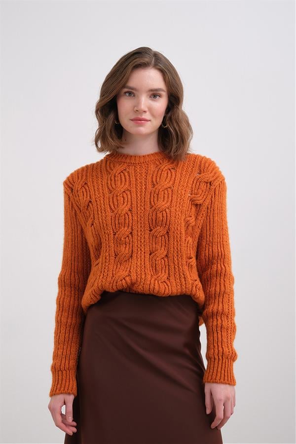 Geniş Saçlı Crop Kazak Br7028 Oranj