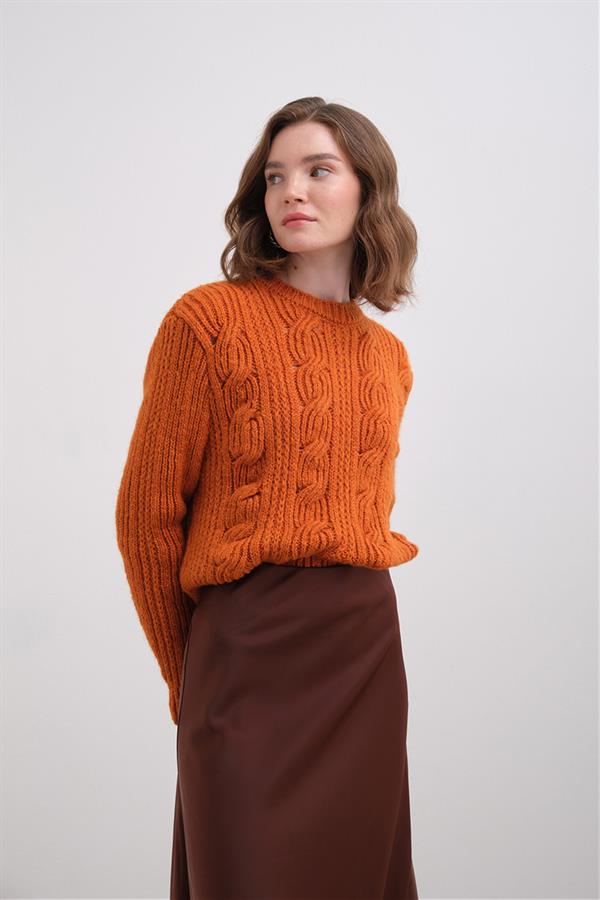 Geniş Saçlı Crop Kazak Br7028 Oranj