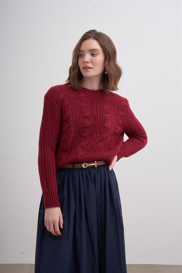 Geniş Saçlı Crop Kazak Br7028 Bordo