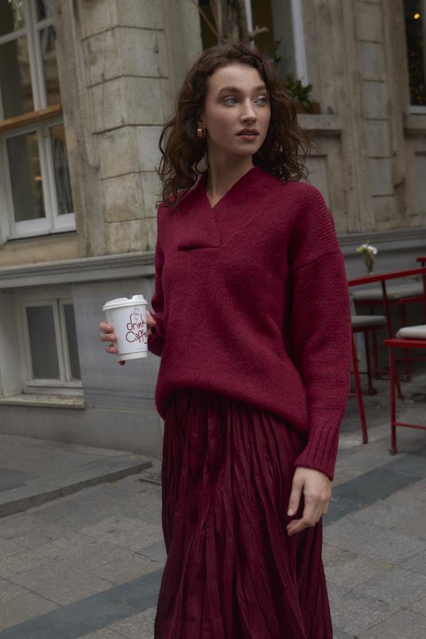 Kalın V Yaka Kazak Br7041 Bordo