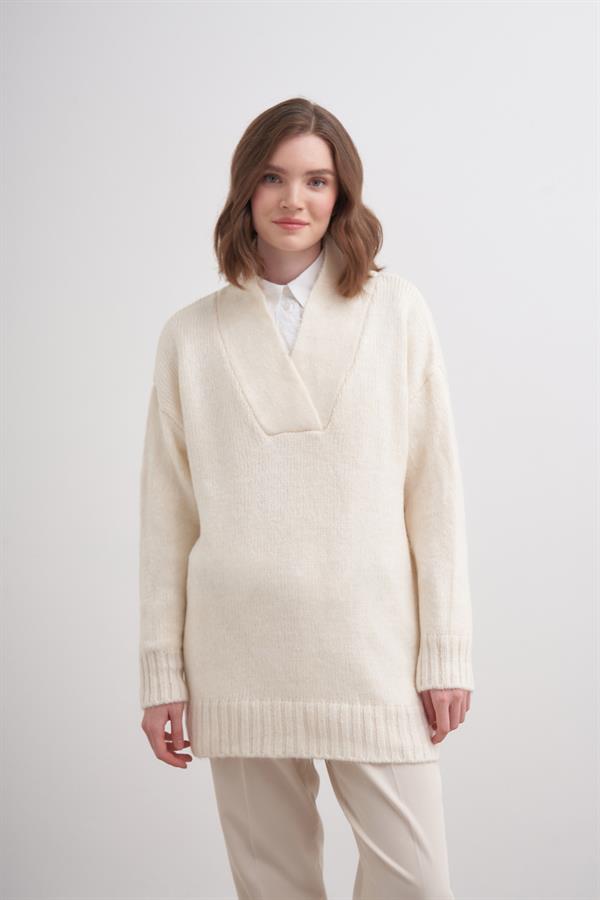Kalın V Yaka Kazak Br7041 Ekru