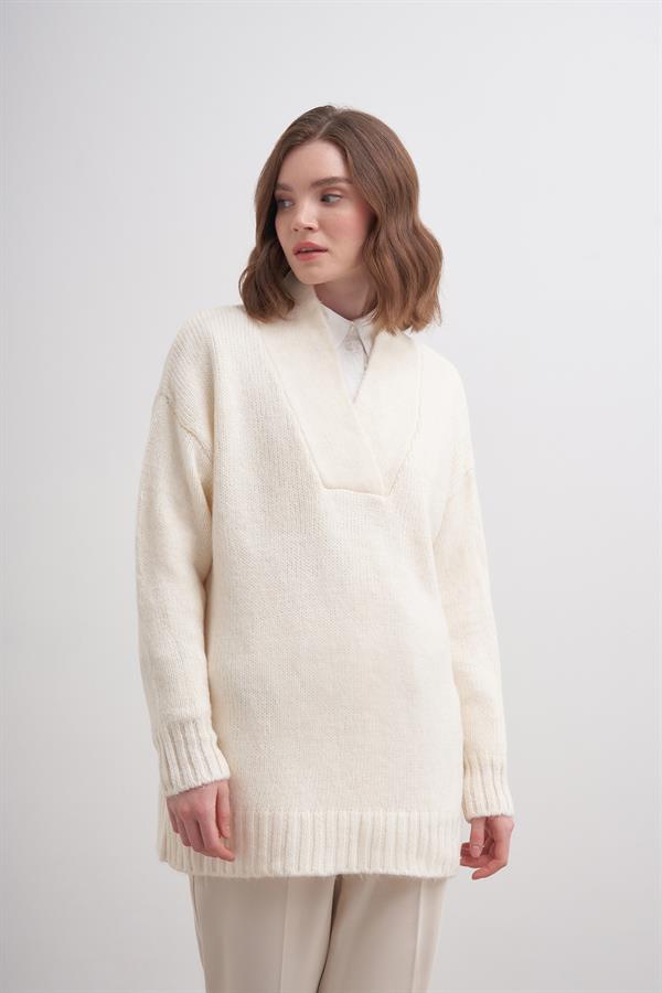 Kalın V Yaka Kazak Br7041 Ekru