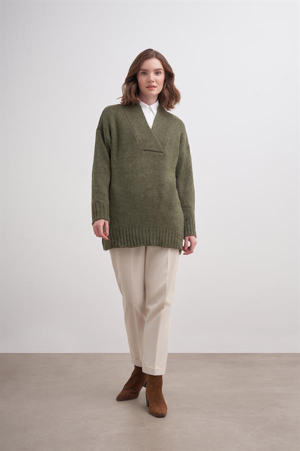 Kalın V Yaka Kazak Br7041 Haki