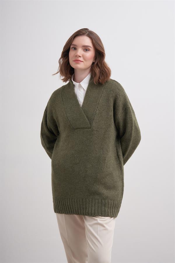 Kalın V Yaka Kazak Br7041 Haki