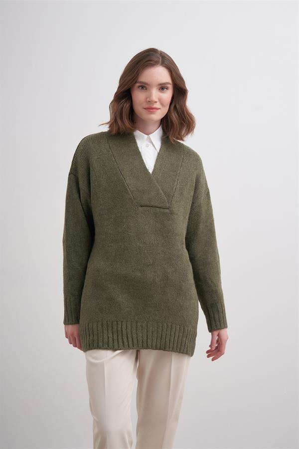 Kalın V Yaka Kazak Br7041 Haki