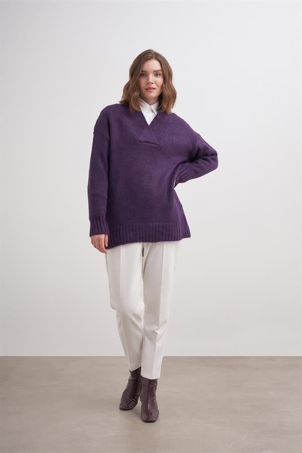 Kalın V Yaka Kazak Br7041 Mor