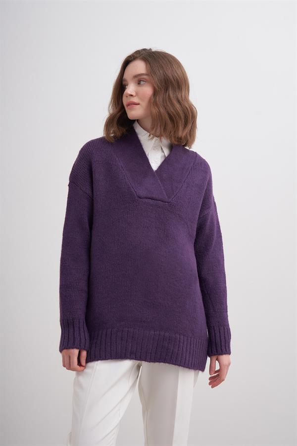Kalın V Yaka Kazak Br7041 Mor
