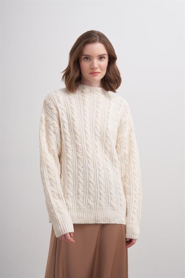 Klasik Saçlı Crop Kazak Br7004 Ekru
