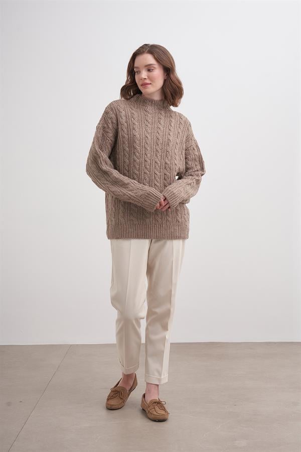 Klasik Saçlı Crop Kazak Br7004 Vizon