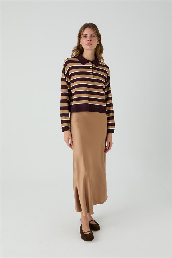 Meşe Patlı Çizgili Kazak Bordo