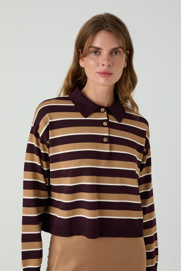 Meşe Patlı Çizgili Kazak Bordo