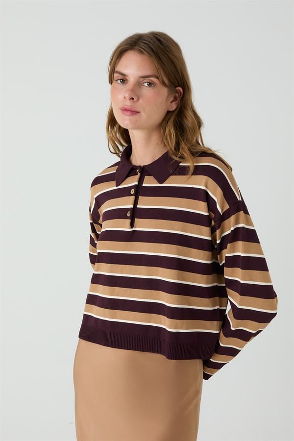 Meşe Patlı Çizgili Kazak Bordo