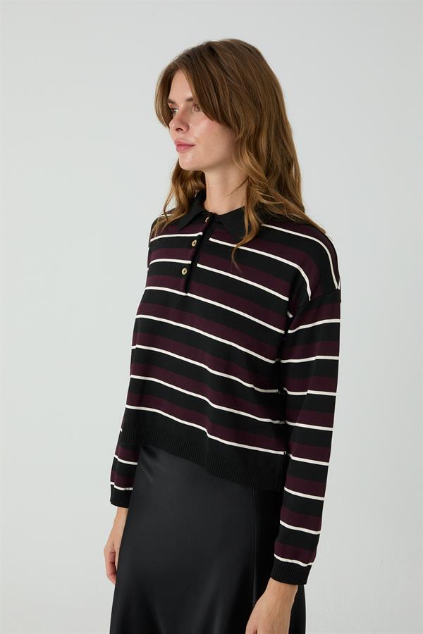 Meşe Patlı Çizgili Kazak Siyah