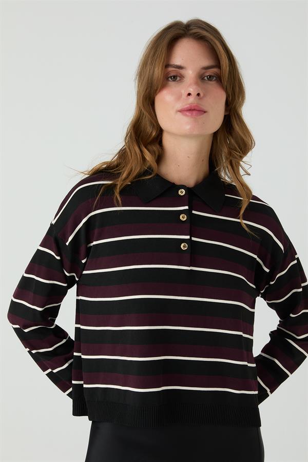 Meşe Patlı Çizgili Kazak Siyah