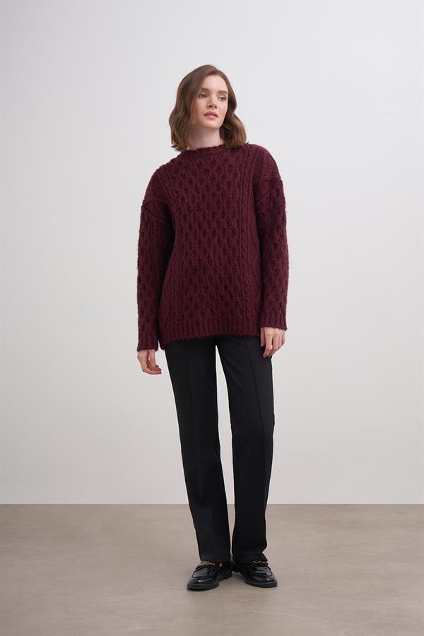 Petek Saçlı Kazak Br7005 Bordo
