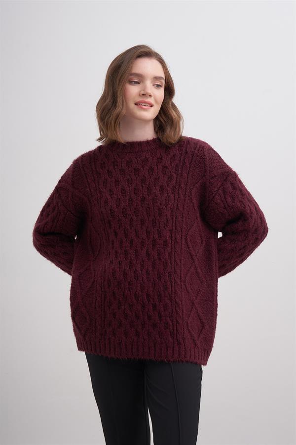 Petek Saçlı Kazak Br7005 Bordo