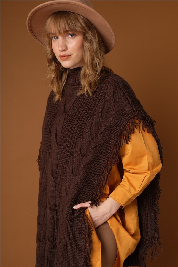 Püskül Detaylı Yanları Açık Panço Acı Kahve