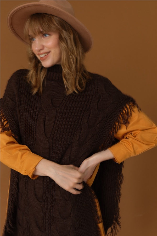 Püskül Detaylı Yanları Açık Panço Acı Kahve