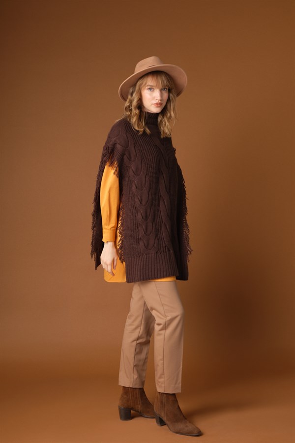 Püskül Detaylı Yanları Açık Panço Acı Kahve