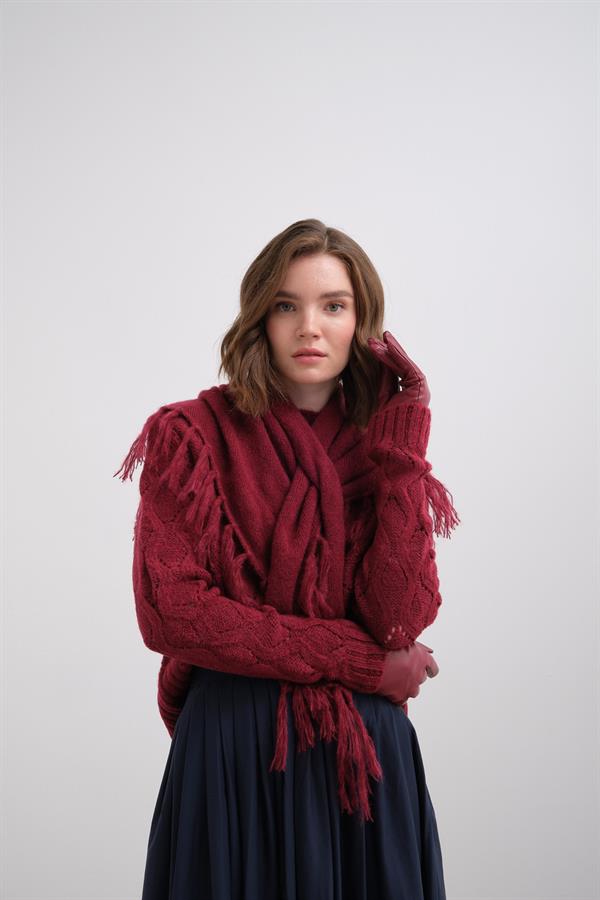 Püsküllü Boyun Şalı Bordo