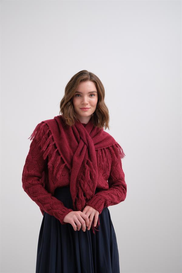 Püsküllü Boyun Şalı Bordo