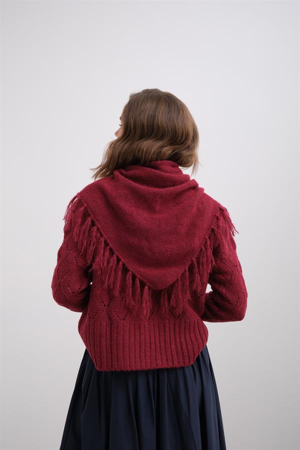 Püsküllü Boyun Şalı Bordo