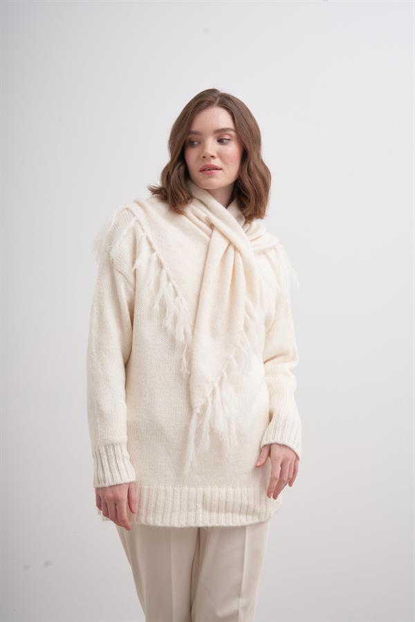 Püsküllü Boyun Şalı Ekru