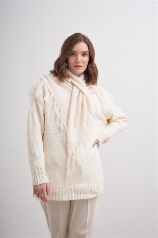 Püsküllü Boyun Şalı Ekru