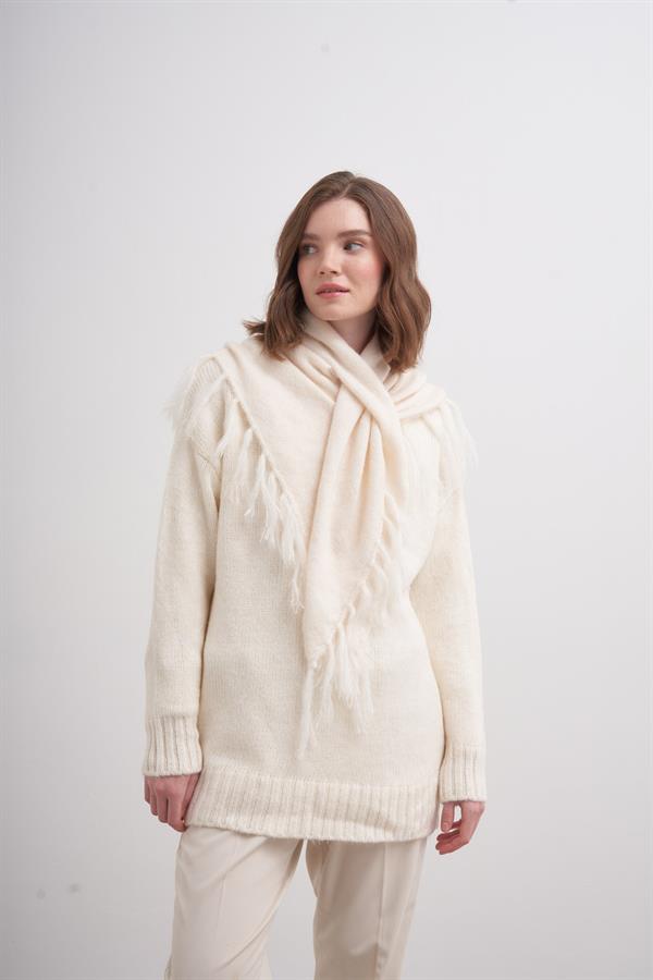 Püsküllü Boyun Şalı Ekru