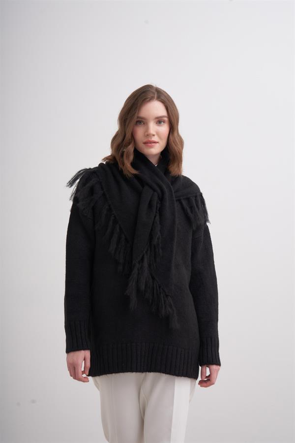 Püsküllü Boyun Şalı Siyah