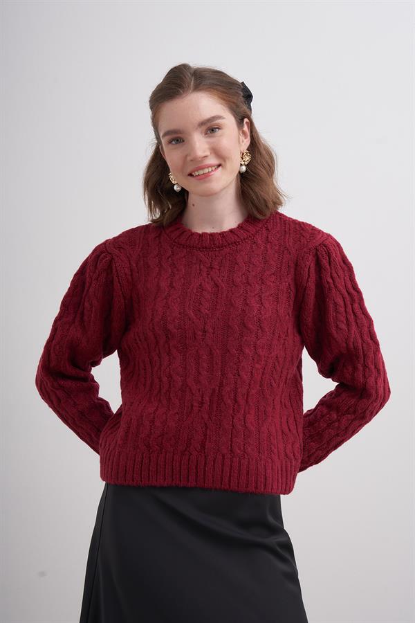 Saçlı Pileli Crop Kazak Bordo