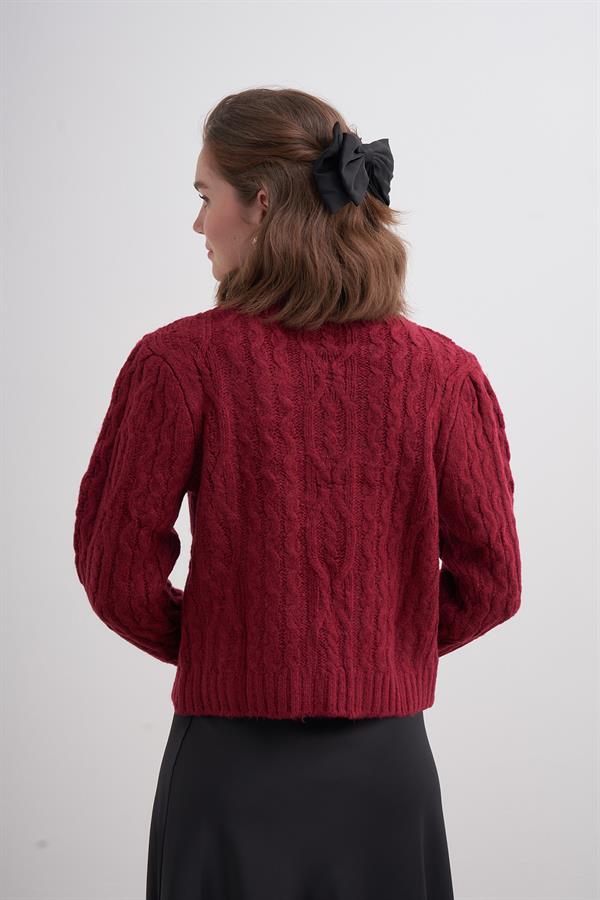 Saçlı Pileli Crop Kazak Bordo