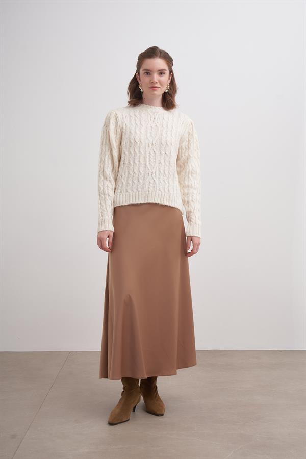 Saçlı Pileli Crop Kazak Ekru