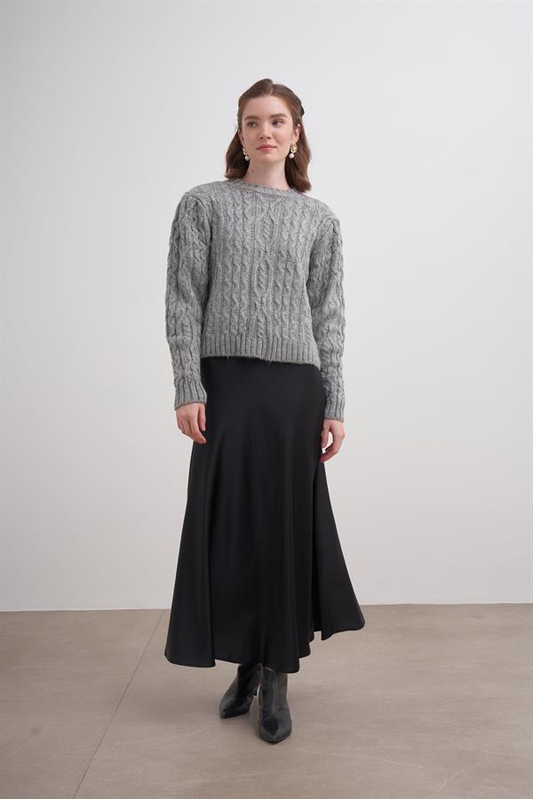 Saçlı Pileli Crop Kazak Gri