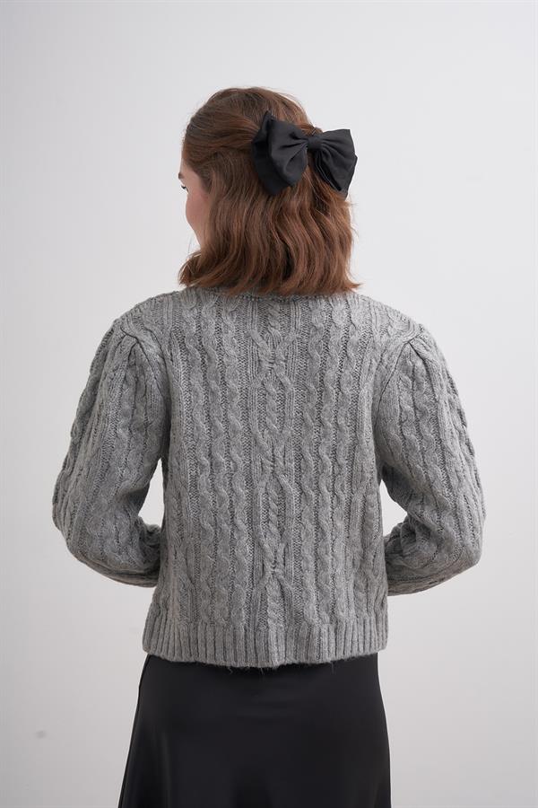 Saçlı Pileli Crop Kazak Gri