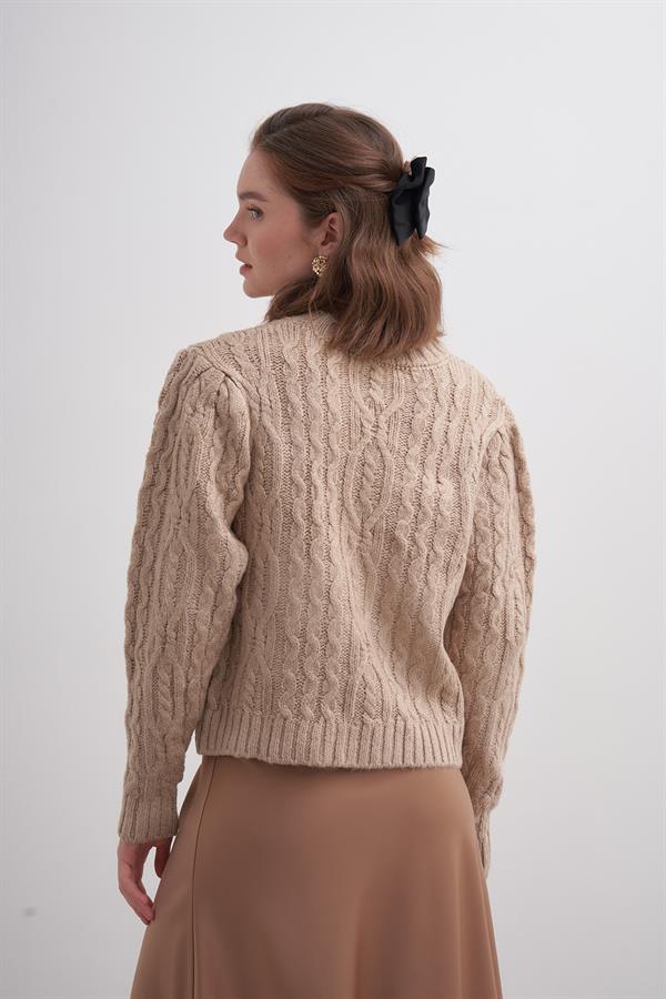 Saçlı Pileli Crop Kazak Vizon