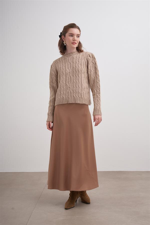 Saçlı Pileli Crop Kazak Vizon