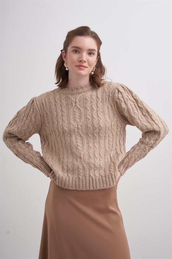 Saçlı Pileli Crop Kazak Vizon