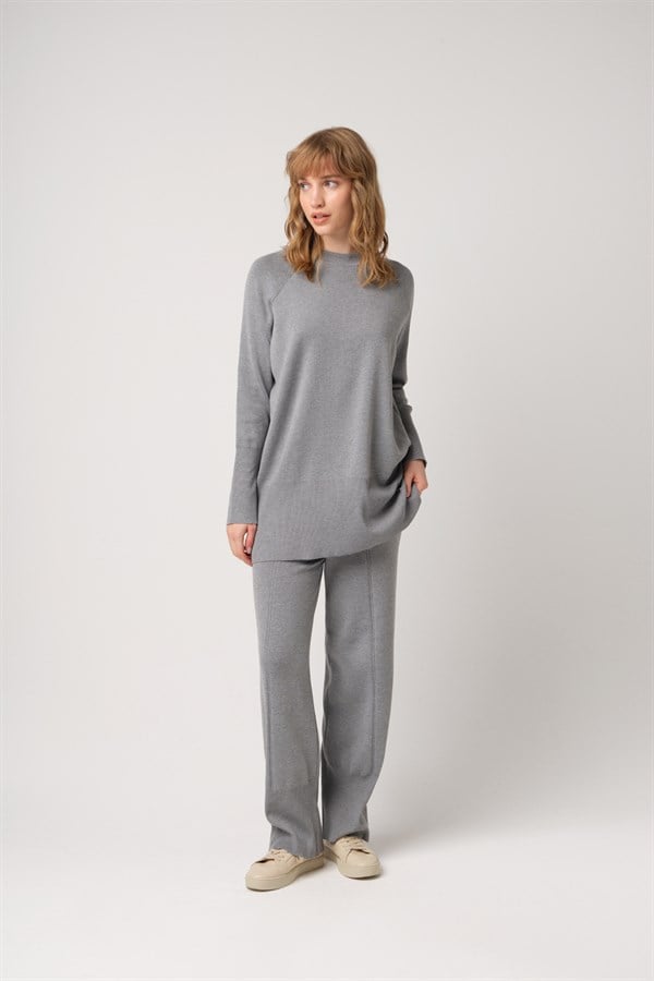 Triko Çelikli Örgü Pantolonlu Takım Gri