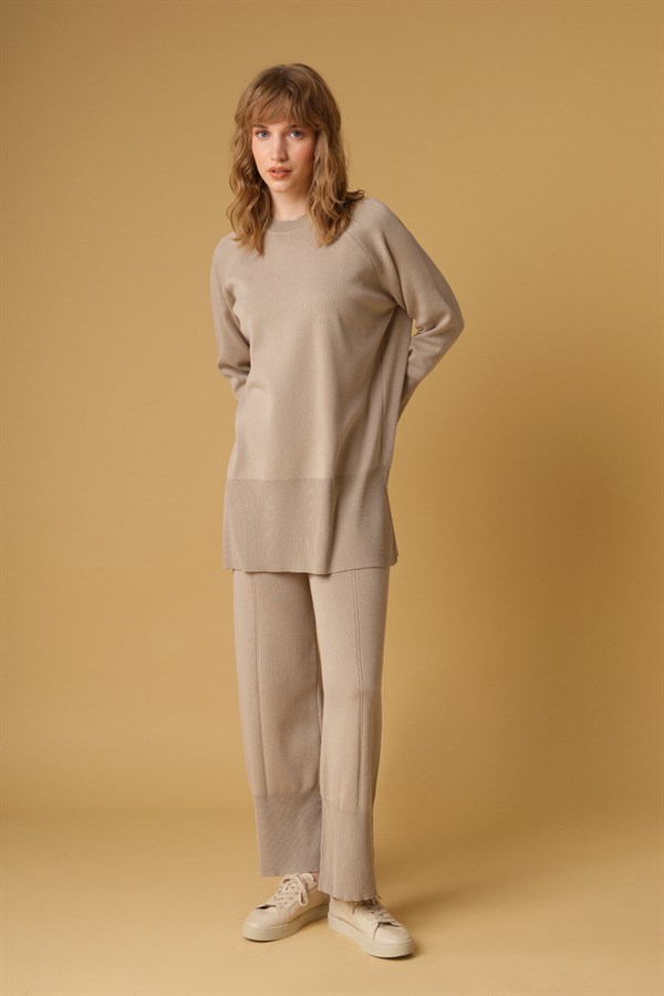 Triko Çelikli Örgü Pantolonlu Takım Kahve