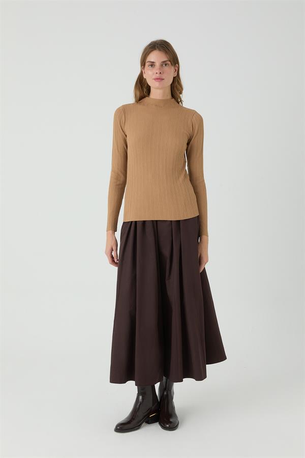 Erguvan Uzun Kollu Fitilli Triko Body Cappuccino