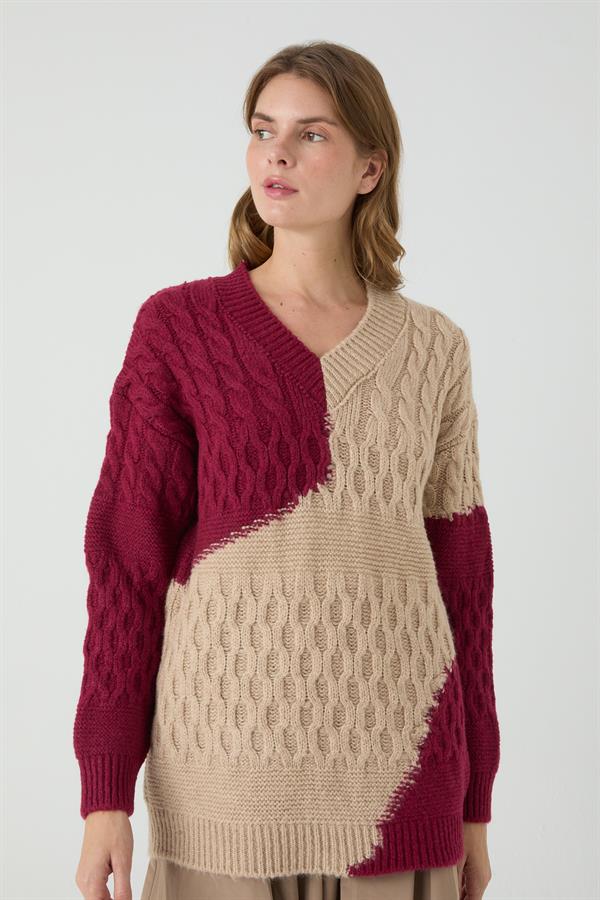 ARDIÇ V YAKA İNTERSİA BEJ/VİŞNE