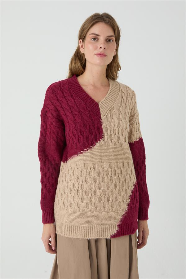 ARDIÇ V YAKA İNTERSİA BEJ/VİŞNE