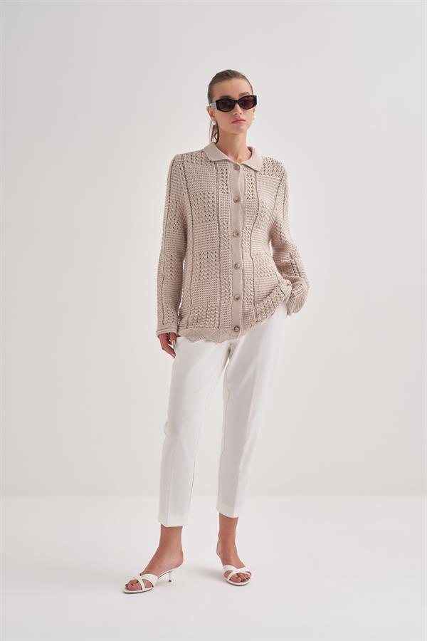 Yanı Yırtmaç Pamuk Hırka Bej